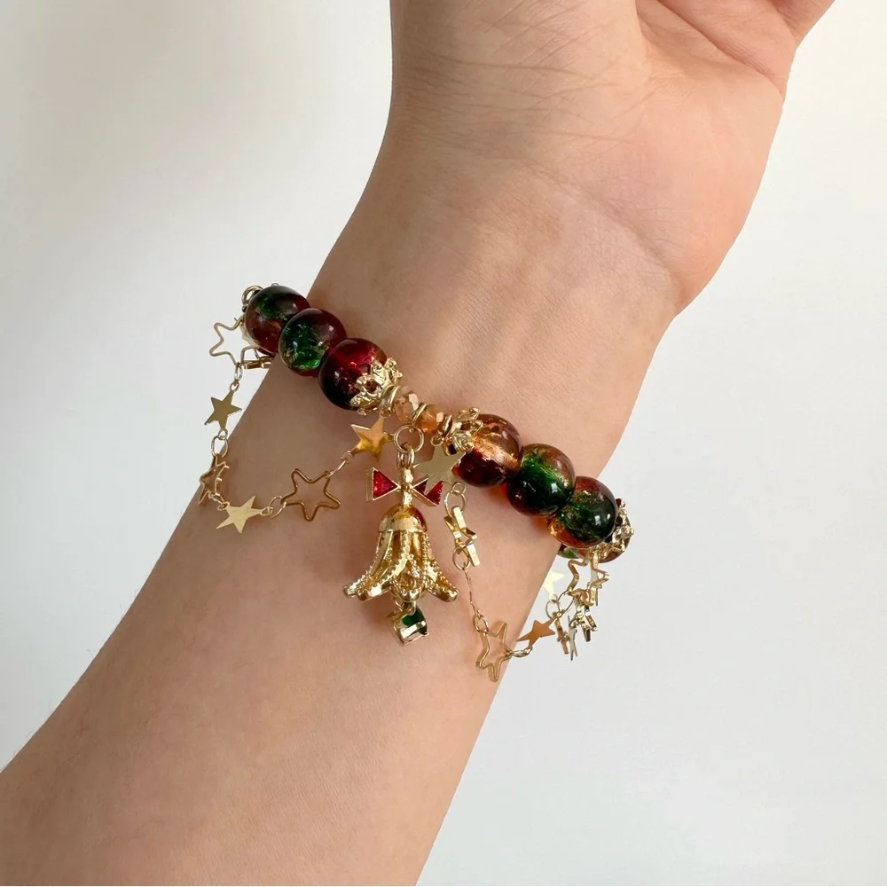 3/$20 Handmade Christmas Holiday Glass Beaded Jingle Bells Gold Star Bracelet